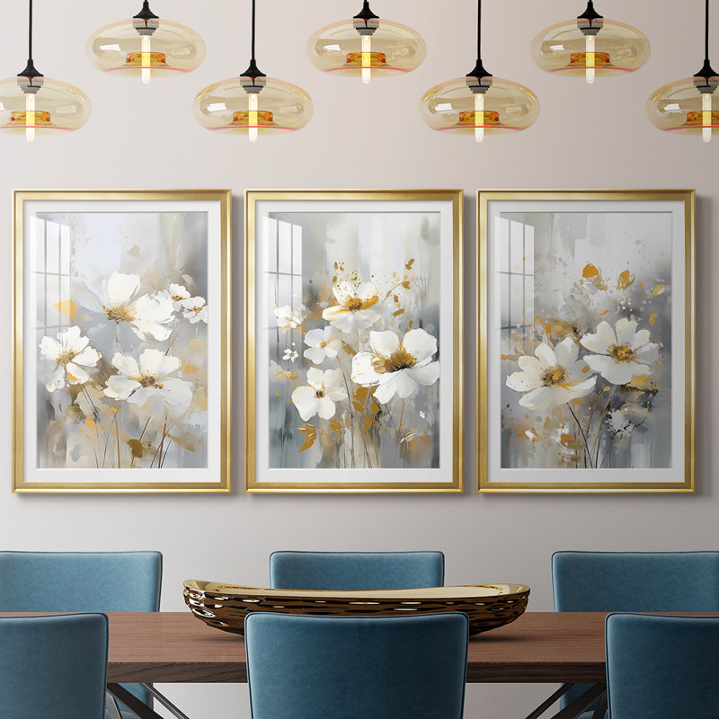 FLORAL Series CDxxv - impression encadrée sur mesure de qualité supérieure - 3 pièces, H 27 po x l 39 po, Doré