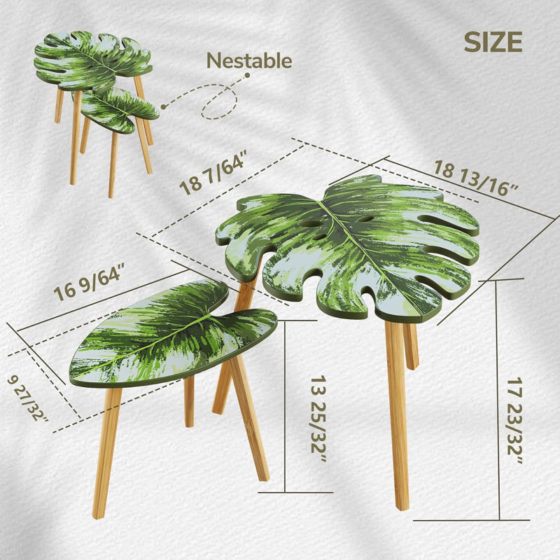 Ensemble de 2 tables gigognes Monstera Leaf, petites tables d'appoint avec motif de nervures de feuilles, tables basses modernes en bois pour salon, chambre, appartement, balcon ou jardin