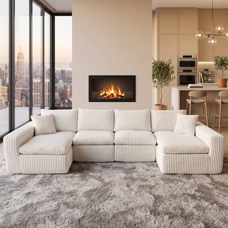 130" Oversized U-Shaped Modular Corduroy Cloud Couch, Plush Compression Sectional Sofa with High-Density Memory Foam, Deep Seat Boneless Sofa, Tool-Free Assembly