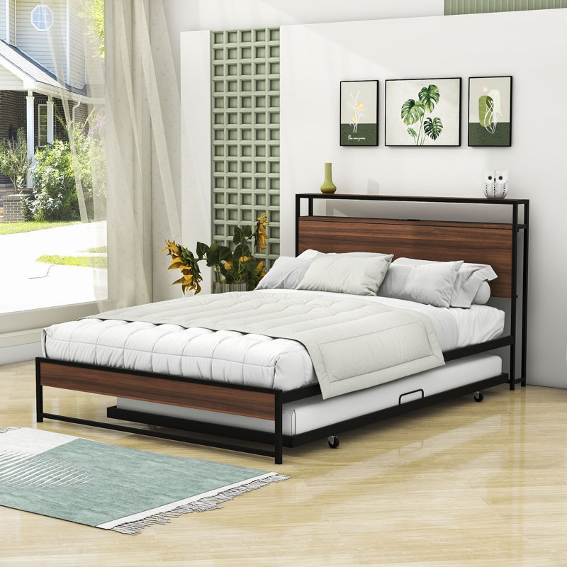 Wilhelmi Metal Platform Bed Frame with Trundle and USB Ports, Full, White