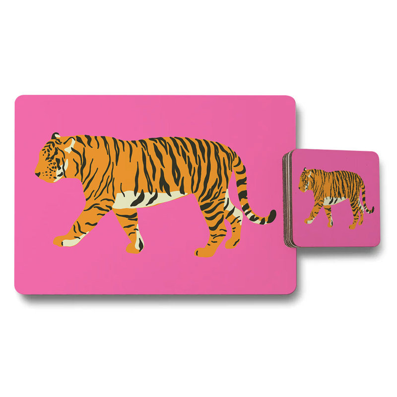 Tiger Placemat and Coaster Set Pink Background Kitchen Decor