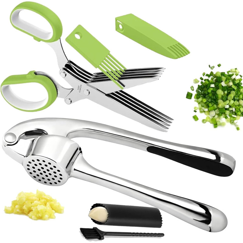 All-in-One Herb Scissors & Garlic Press Set, Rust-Resistant Kitchen Prep Tool Kit with Peeler and Cleaning Brush