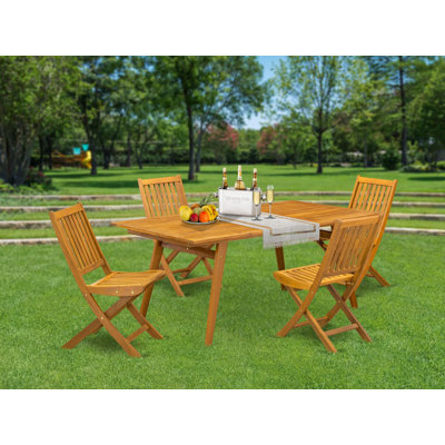 Ensemble repas 5 pièces pour patio comprenant une table rectangulaire d'extérieur en bois d'acacia et 4 chaises d'appoint pliantes, 40 x 72 pouces, huile naturelle