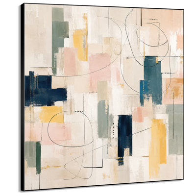 Très grande reproduction d'art sur toile - Motif de lignes abstraites géométriques bleu pastel, rose, vert pour le salon ou la chambre à coucher «Assemblage requis (cadre non fini)»