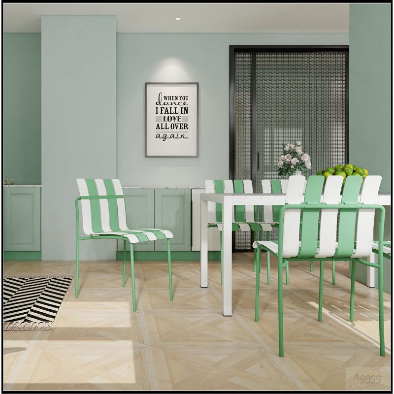 Été - Paquet de 4 chaises à blocs de couleur à rayures modernes - Siège en PP imperméable et pieds en métal robustes, ensemble repas intérieur / extérieur pour patio, balcon, café (blanc et vert)