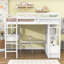 Lit mezzanine double avec bureau intégré et tiroirs de rangement, tablettes