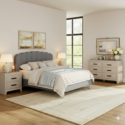 4-Piece Bedroom Set: Queen Bed Frame with Headboard, 2 Nightstands, and 6-Drawer Dresser, Rustic Charm