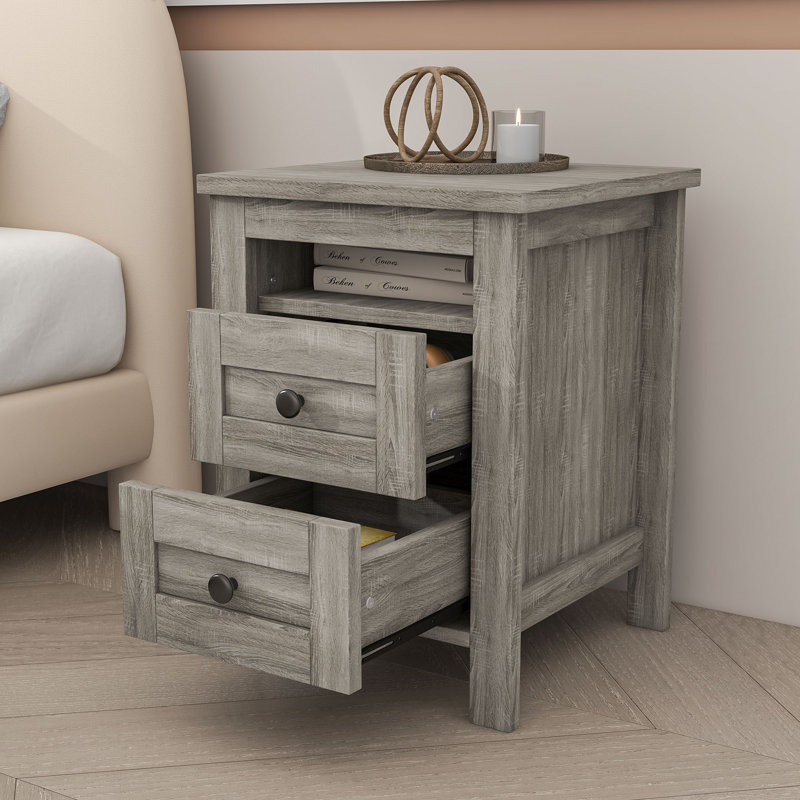 Table de chevet 2 tiroirs en bois, Gris