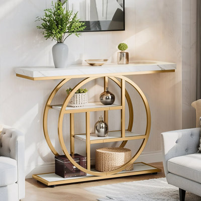 Console étroite de 41,3 pouces avec base circulaire, élégants détails blancs et dorés pour un décor industriel moderne