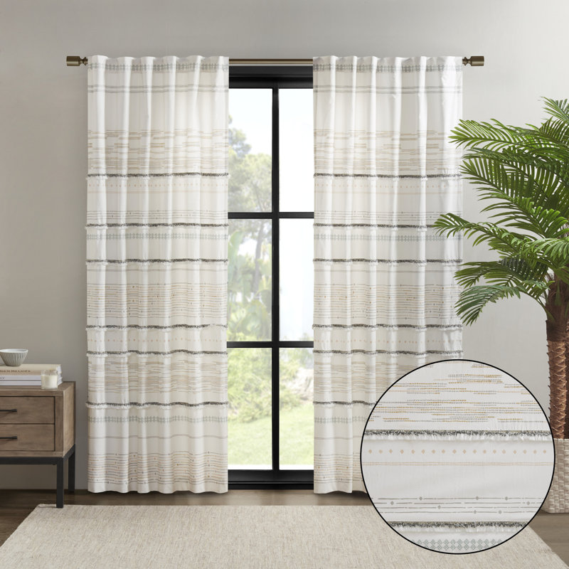 Nea White Cotton Light-Filtering Tassel Trim Curtain Panel