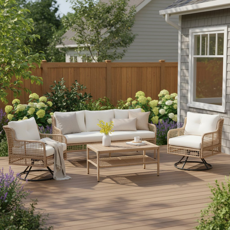4 - Piece Outdoor Patio Sofa Seating Group With Cushions, Beige Cushions/Natural Frame