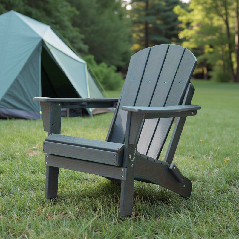 Hdpe Folding Adirondack Chair With Dual Cup Holder - Wood Texture Composite, All-weather (350lbs Capacity), Green