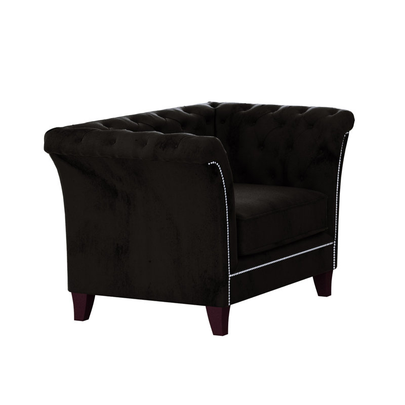 Chesterfield  Armchair Made of Velvet Fabric with Solid Wood Legs, Black