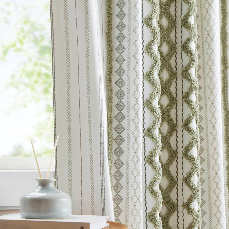 1 panneau de rideau imprimé vert 50 po avec rayures et doublure en chenille, L 50 po x L 95 po
