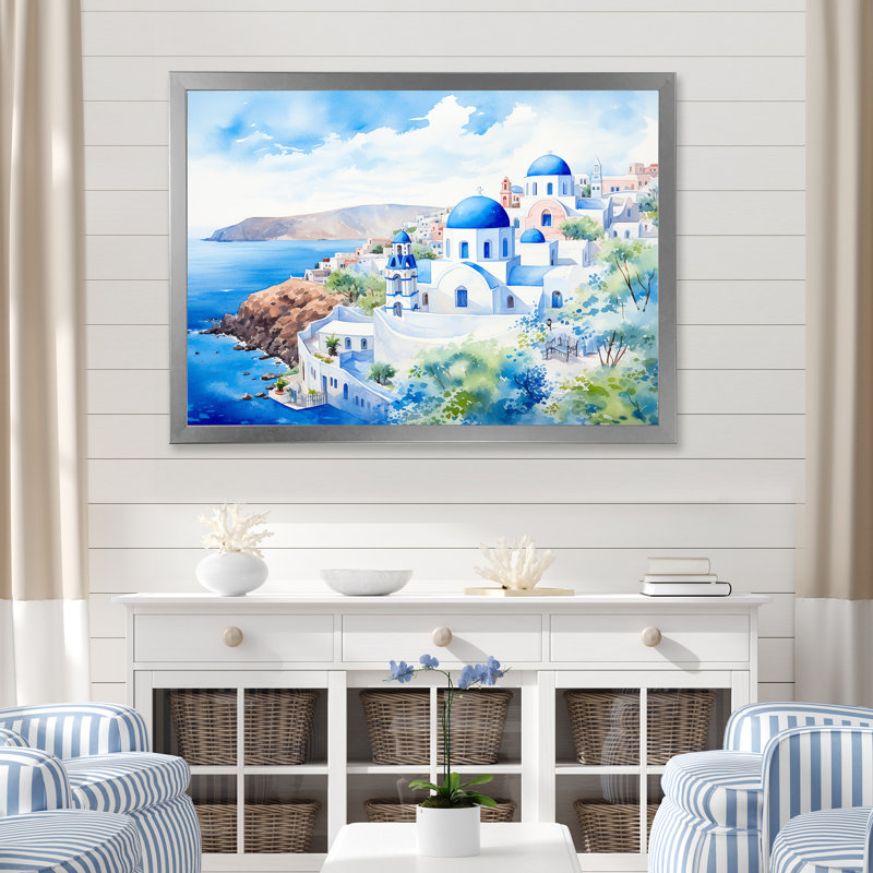 Grèce, paysage de Santorin II - Grèce, art mural, Cadre de coin argenté fermé, H 24 po x l 32 po x P 1 po