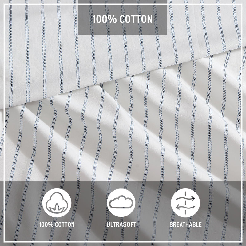 Shasta Lake Cotton Percale Standard Sheet Set, Twin Sheet Set with 1 Pillowcase, Essential Stripe