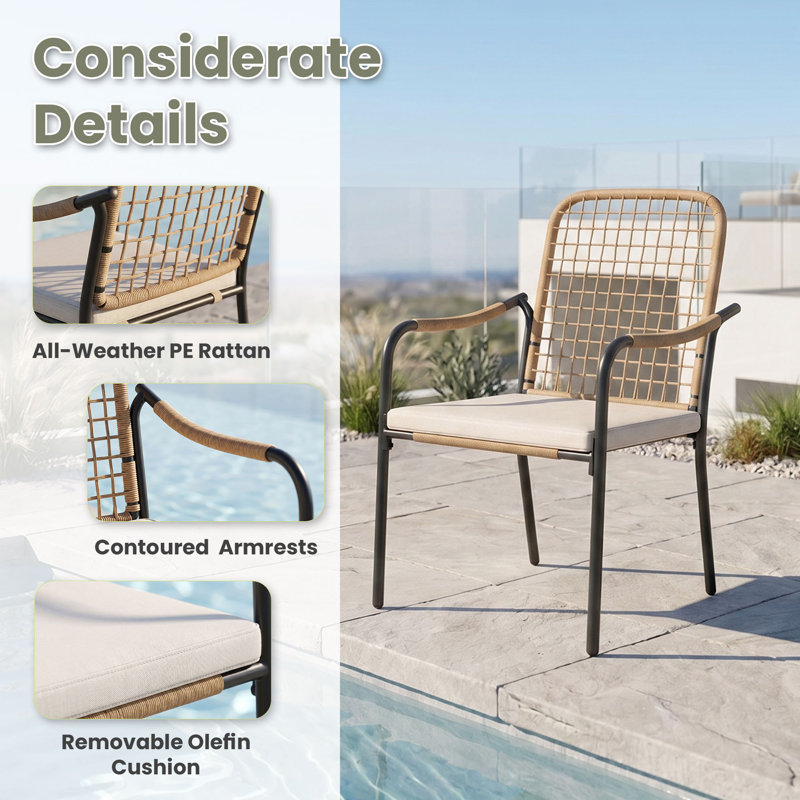 4-Person Square Patio Dining Set With Cushioned Rattan Chairs, Brush Wood Gray