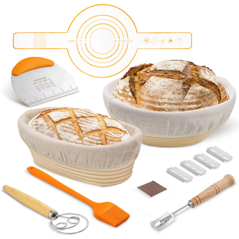 9-Piece Round & Oval Bread Proofing Basket Set with Essential Baking Tools