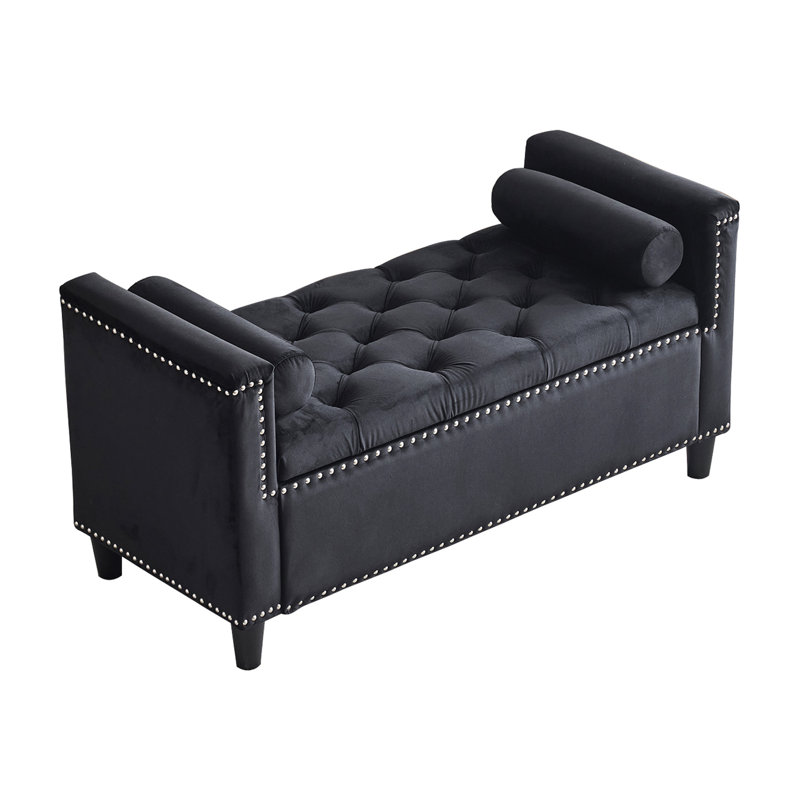 Tabouret de chambre en velours 44,5 pouces avec garniture cloutée et rangement, fenêtre noire moderne, Noir