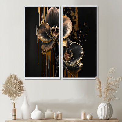 Orchidée noire et or I - art mural en toile orchidée florale 2 pièces
