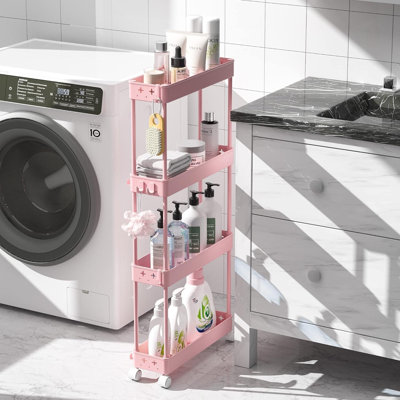 Slim Rolling Storage Cart With 4 Tier Shelves, Mobile Utility Cart On Wheels For Narrow Spaces, Space Saving Organizer With Hooks For Bathroom Laundry Kitchen Dorm Office Craft Storage