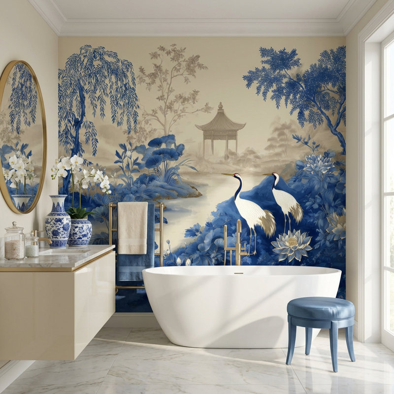 Papier peint grues chinoises bleues, Non-collé, L: 140 po x H: 96 po