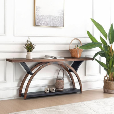 70.87" Console Table with Storage Shelf, Narrow Long Sofa Table Behind Couch Table, 2-Tier Rustic Entryway Table with Half Moon Frame for Hallway Livi