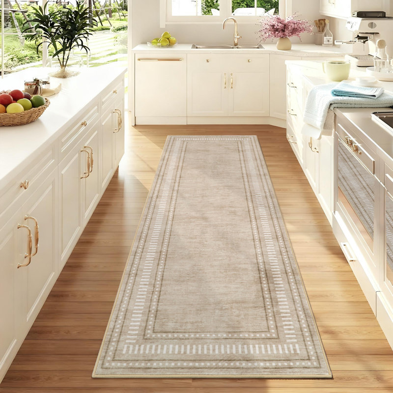 Tapis bordé lavable à la machine avec envers antidérapant Tapis antidérapant pour salon, Beige, Tapis de couloir 2 pi x 6 pi