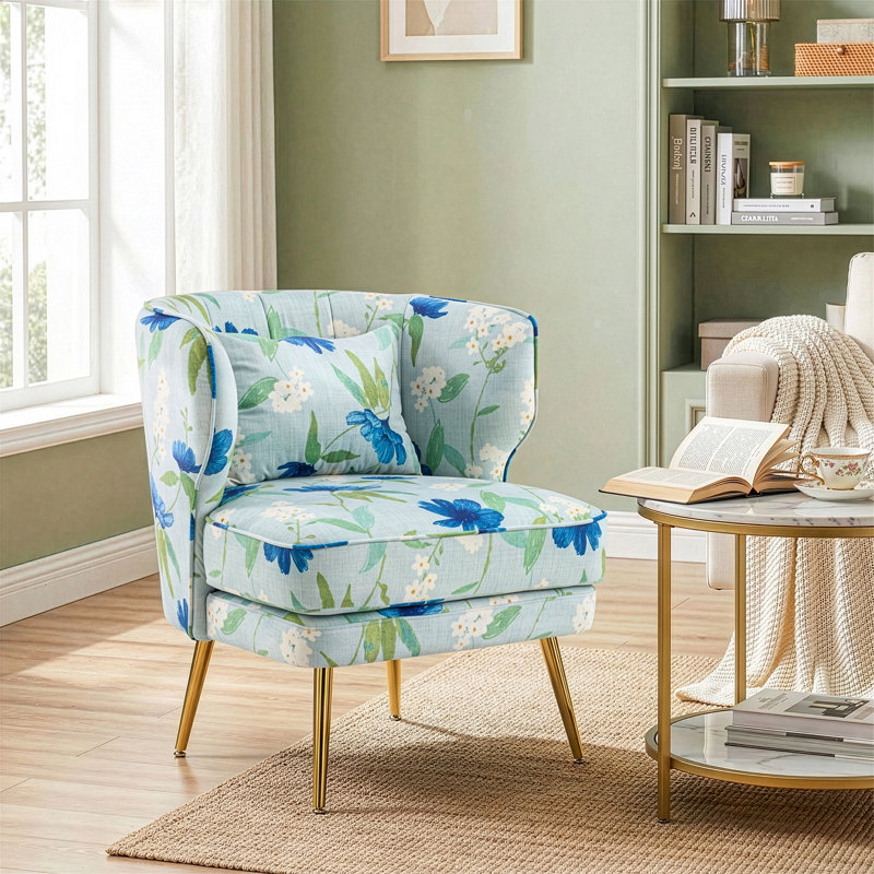 Lemley Floral Velvet Barrel Accent Chair With Lumbar Pillow - Mid Century Modern Upholstered Small Space Reading Chair With Gold Metal Legs For Living Room, Bedroom