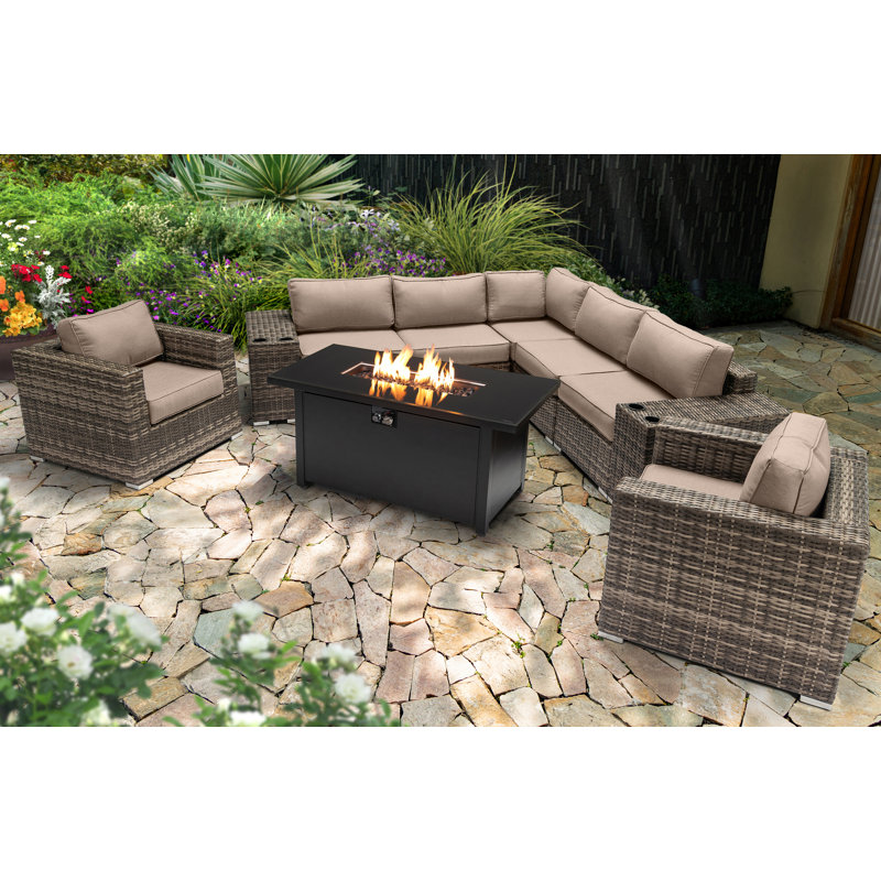 Ensemble de conversation pour 6 personnes avec foyer et coussins Sunbrella Lsi, Beige