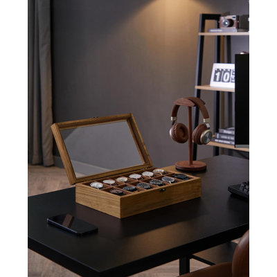 Watch Box, 12-Slot Solid Wood Watch Case Organizer With Glass Lid, Display Case With Removable Pillows