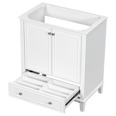 Base d'armoire de salle de bain de 30 po seulement en blanc, multifonctionnelle avec portes et tiroir, matériau en bois massif, tablettes réglables, meuble-lavabo blanc requis, armoire, portes, tablette, assemblage, look moderne