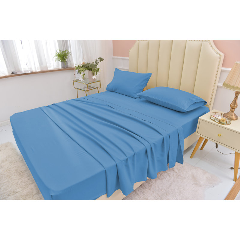  Ensemble de draps 1800 fils en rayonne de bambou, Bleu, Ensemble de draps pour très grand lit divisé + d