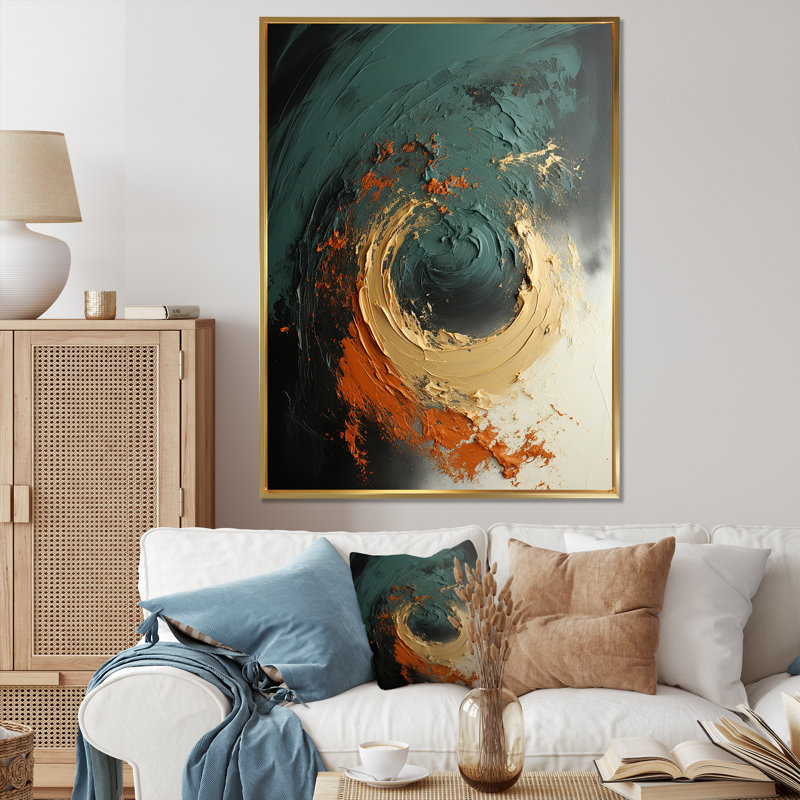 Tempête de pierre orange III - art mural abstrait, Cadre flottant doré, H 32 po x l 24 po x P 1 po
