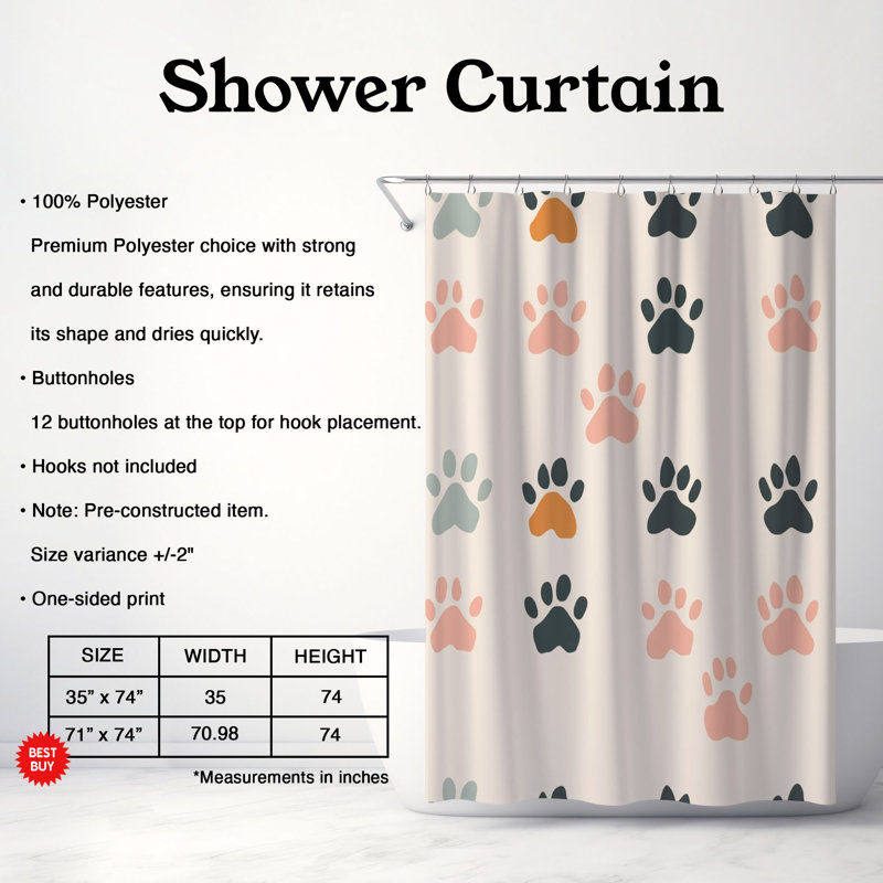 Canine Paw Designs - Rideau de douche standard 1 pièce, H 74 po x l 71 po