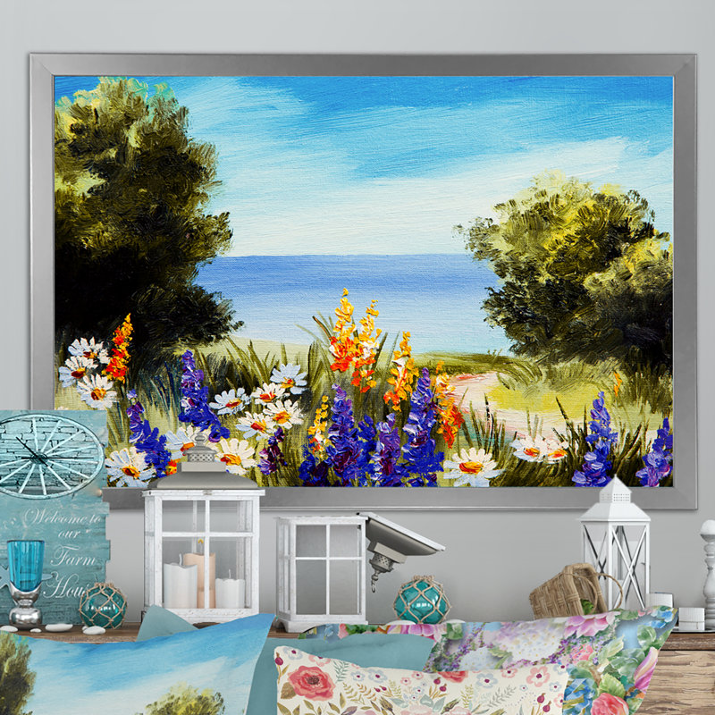 «Spring Flowers on Ocean Scenery», reproduction d'art sur toile encadrée, Toile argentée avec cadre photo