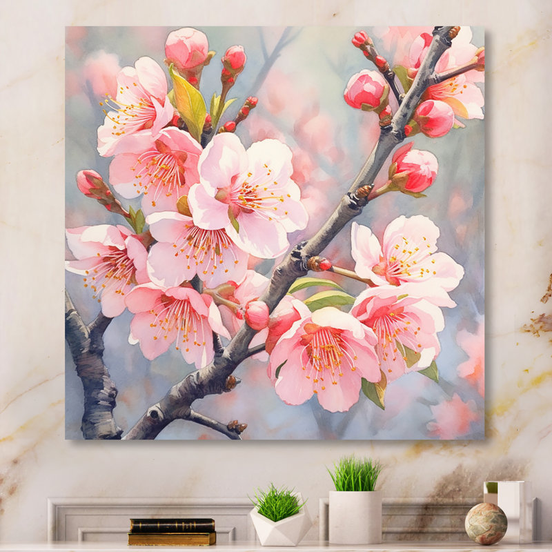 Peach Blossom Bliss II - art mural floral, H 16 po x l 16 po, Métal métal