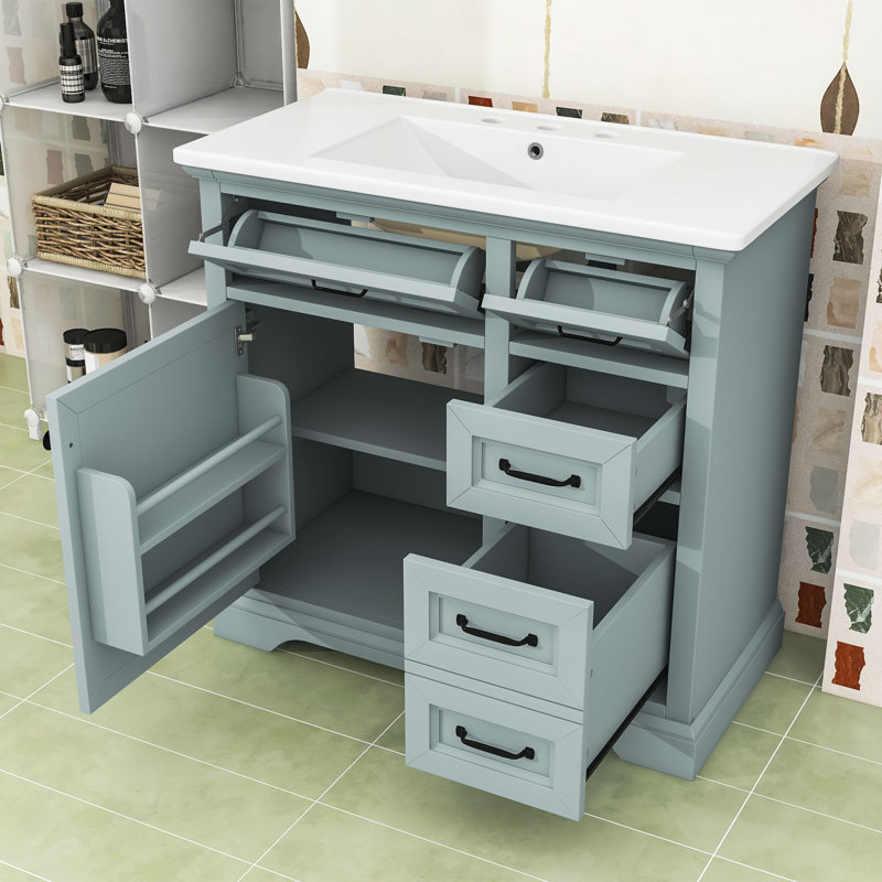 Meuble-lavabo en bois avec lavabo et tiroirs et tablettes de rangement, Gris
