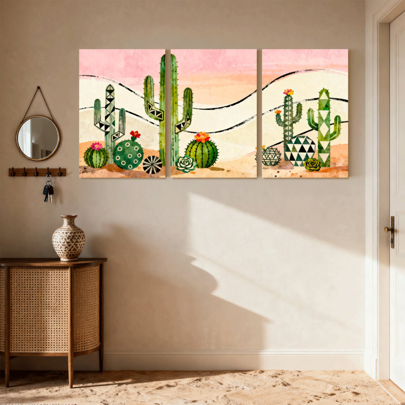 Cactus, paysage de désert de cactus avec motifs géométriques, ensemble de 3 impressions sur toile, H 30 po x l 60 po