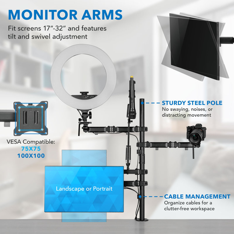 Mount-It Black Multi Screen Desktop Mount for Screens Holds up to 44 Lb. lbs