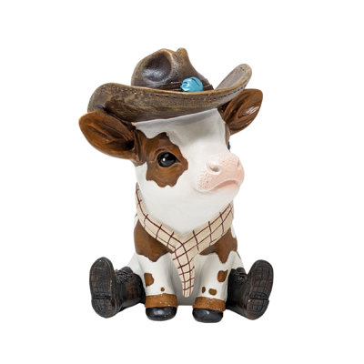 Resin Western Farmhouse Cowboy Cow Figurine – Rustic Table or Shelf Accent – Gift for Animal Lovers & Collectors