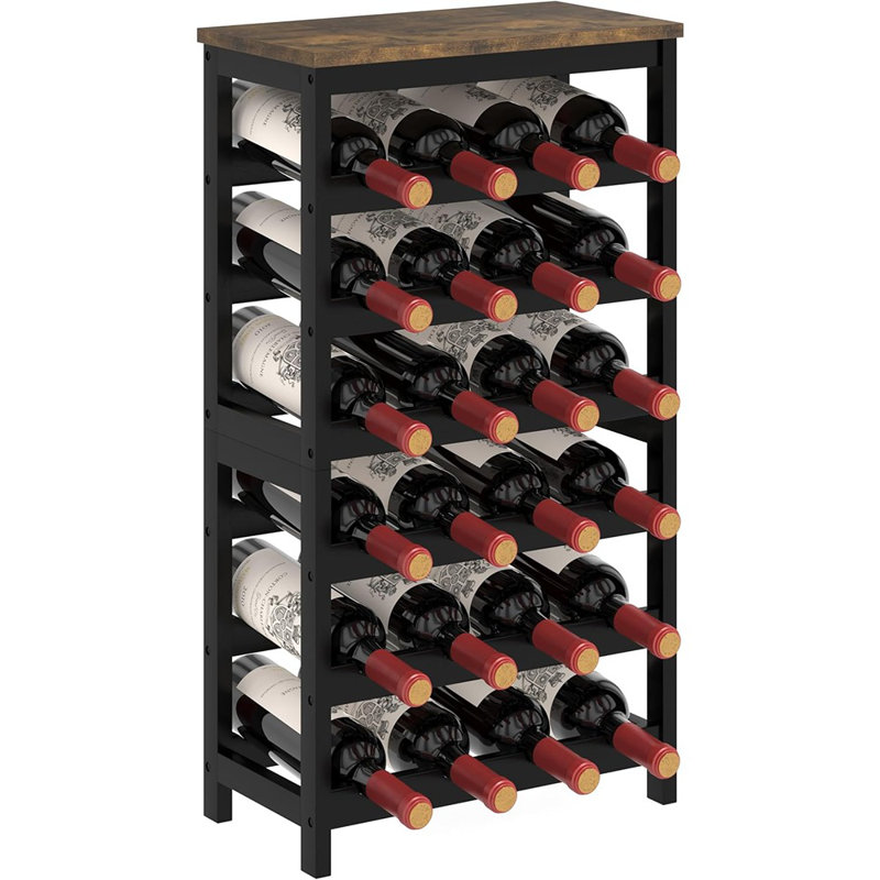 Support à vin empilable pour 24 bouteilles - Tablettes de rangement avec plateau de table pour la cuisine, le bar ou la salle à manger, brun rustique
