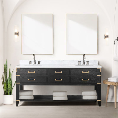 Meuble-lavabo double en chêne noir pour salle de bain, 72 po Large, 22 po de profondeur, avec comptoir en marbre scellé à la main, robinet et 34 miroirs de salle de bain l x P, robinet, miroirs, qualité polie deux fois