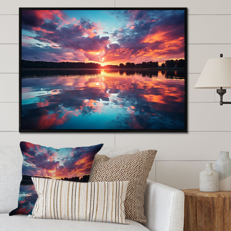 Horizon, coucher de soleil au bord du lac III - lac, art mural, Cadre flottant noir, H 30 po x l 40 po x P 1,5 po