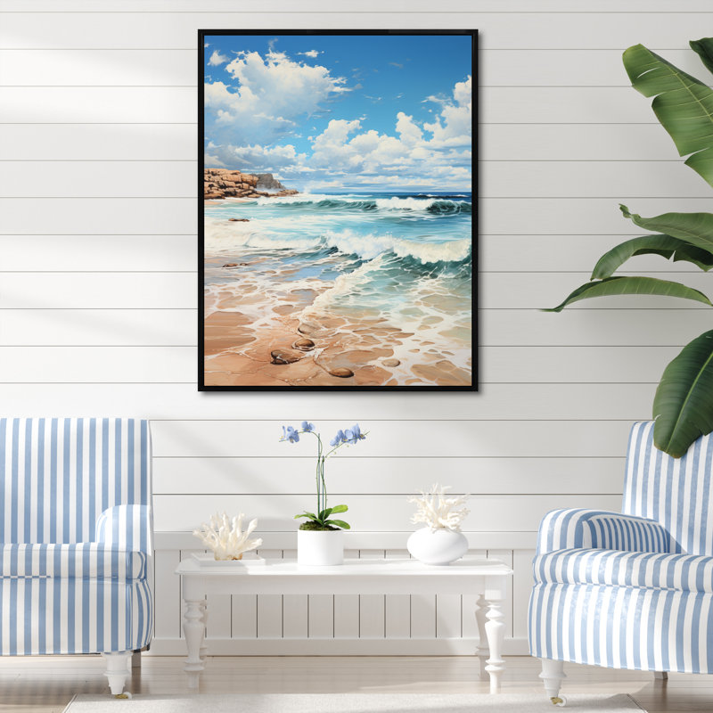 Plage, herbe, paysage, III, H 32 po x l 16 po x P 1 po, Cadre flottant noir