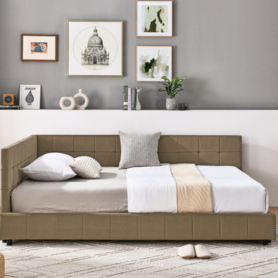 Structure de lit double de style Mid-Century, revêtement en velours avec accoudoirs et, pour le salon de la chambre à coucher, bois massif brun