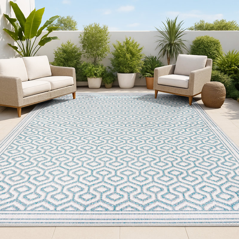 Fidler Diamond Trellis Teal/Gray Indoor/Outdoor Rug, Rectangle 3'11" x 6'