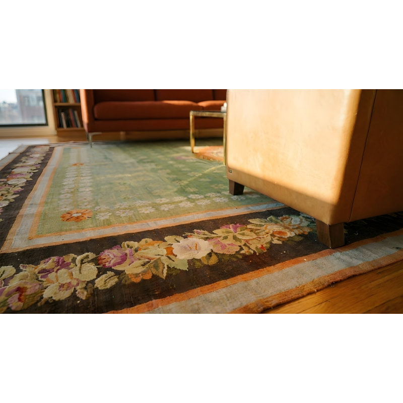 Antique Large Aubusson French Medallion Flat Weave Rug