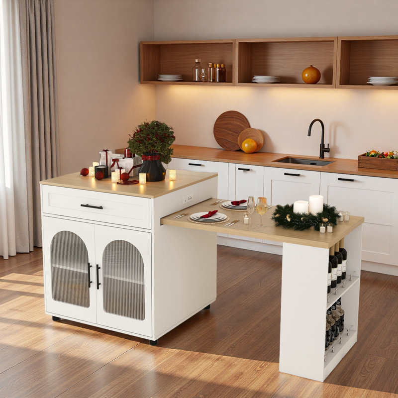Expandable Kitchen Island With Dining Table, Power Outlet, 2 Drawers, Open Shelves And Movable Wheels