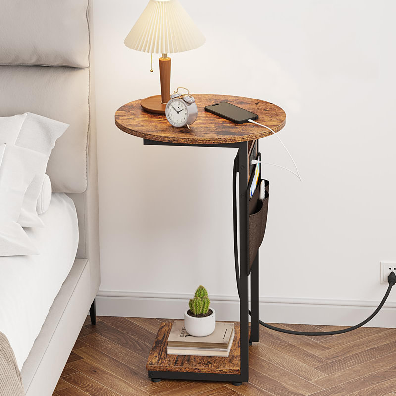 C Shaped End Table with Charging Station, Rustic Brown